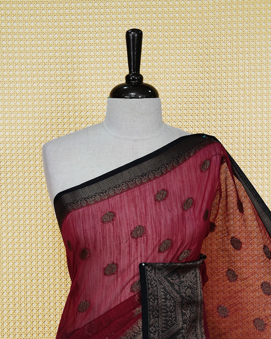 Maroon colour semi linen saree thread motifs on body, contrast dark colour gold zari border, rich pallu comes with matching blouse piece