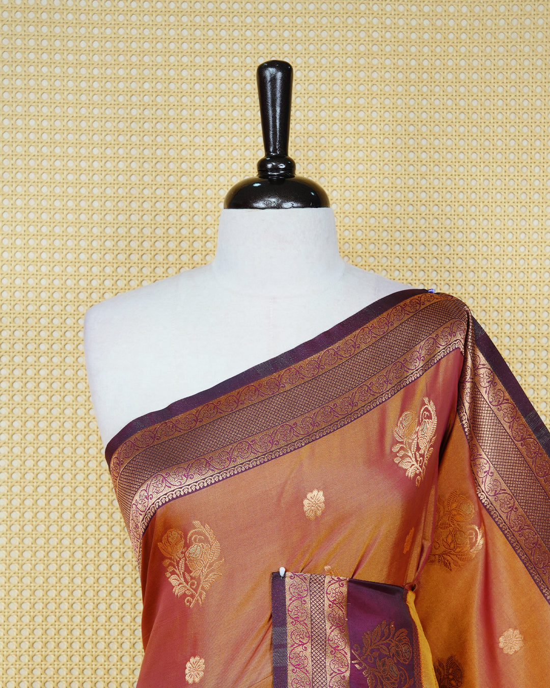 Rust orange & gold double shade Mulberry silk saree featuring gold floral zari patterns on body , paired with contrast magenta colour with traditional border, comes with matching blouse piece.
