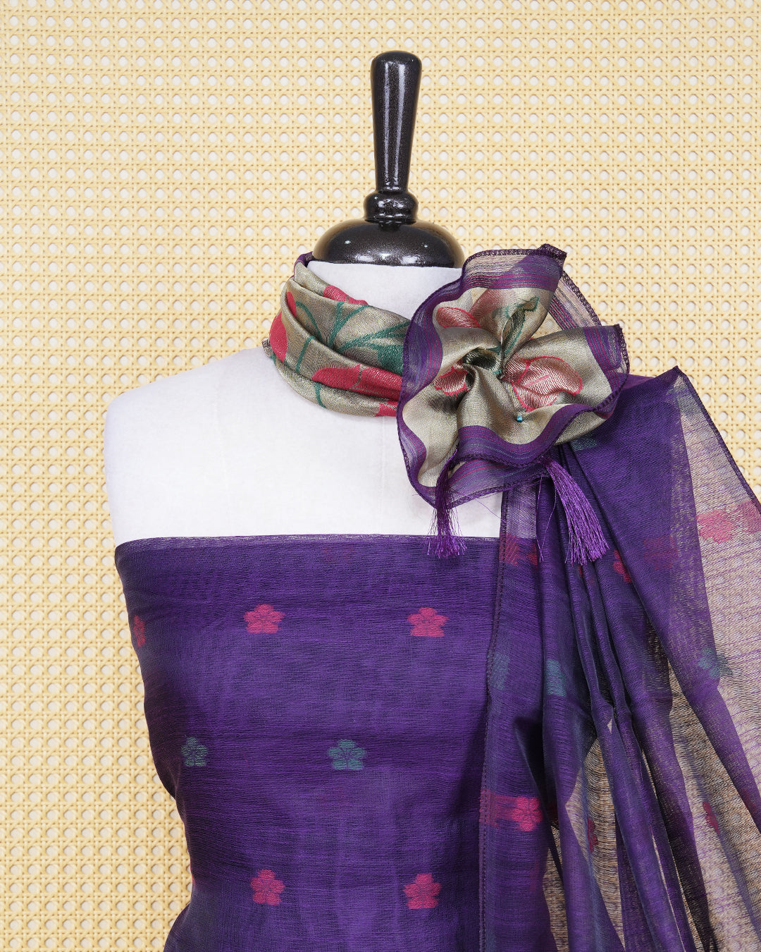 Dark purple Colour Semi Linen suit Material Featuring Floral Thread motifs on Body, Paired with Matching Bottom & Elegant Dupatta