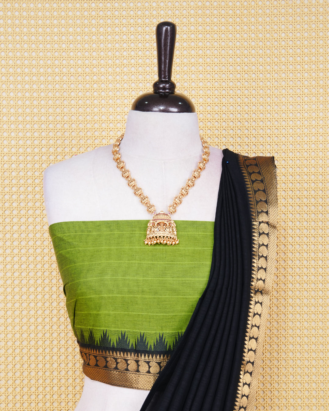 Leaf green colour Chettinad Semi Stitched dhavani set Featuring black with Gold zari on skirt, matching Blouse & Contrast dupatta.