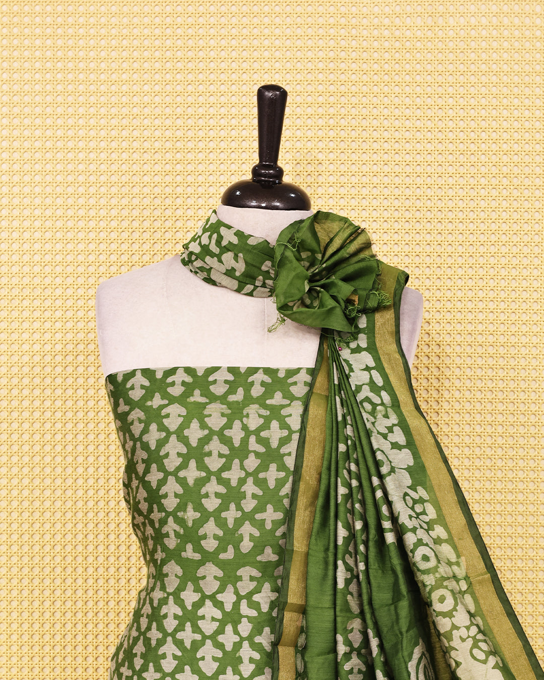 Green colour chanderi Salwar Material featuring elegant geometric prints on the kurta, paired with a matching solid bottom and a matching printed dupatta.