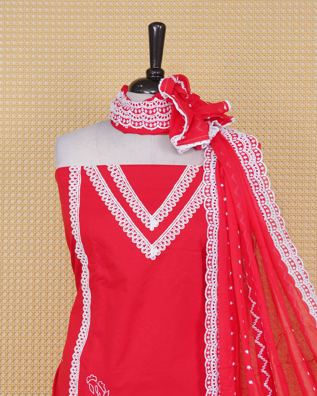 Red colour Cotton Salwar Material Featuring an Threadwork on Body, lace work on neck portion, Paired With a Matching Bottom and an Elegant Dupatta.