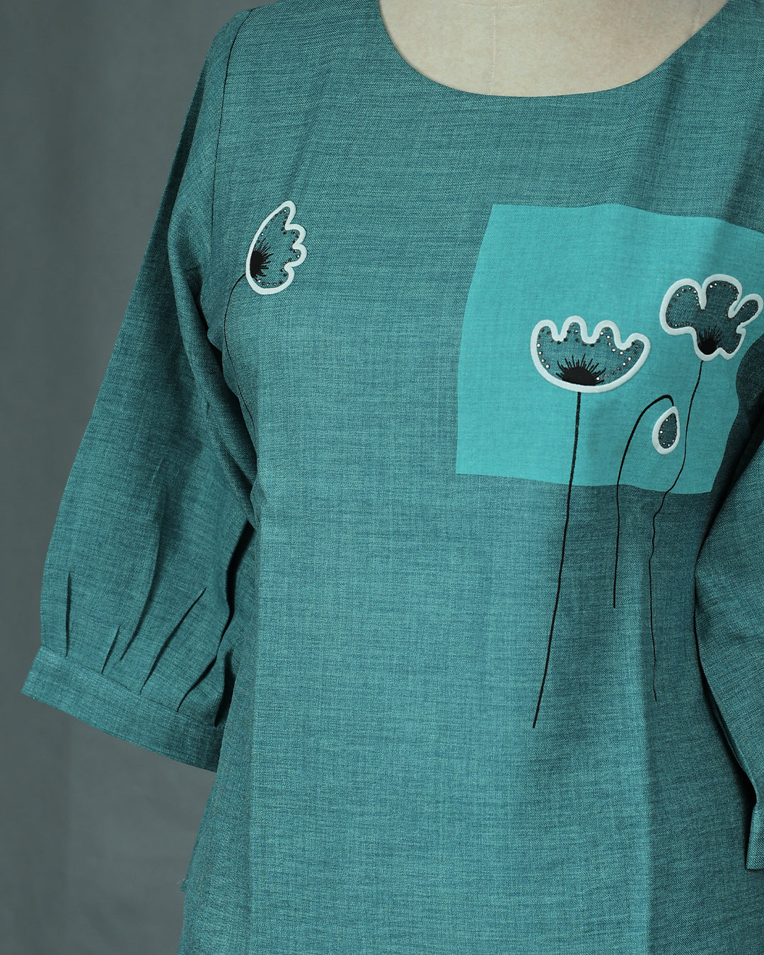 Dusty Green colour Black Print on body, Round Neck design, With sleeve.
