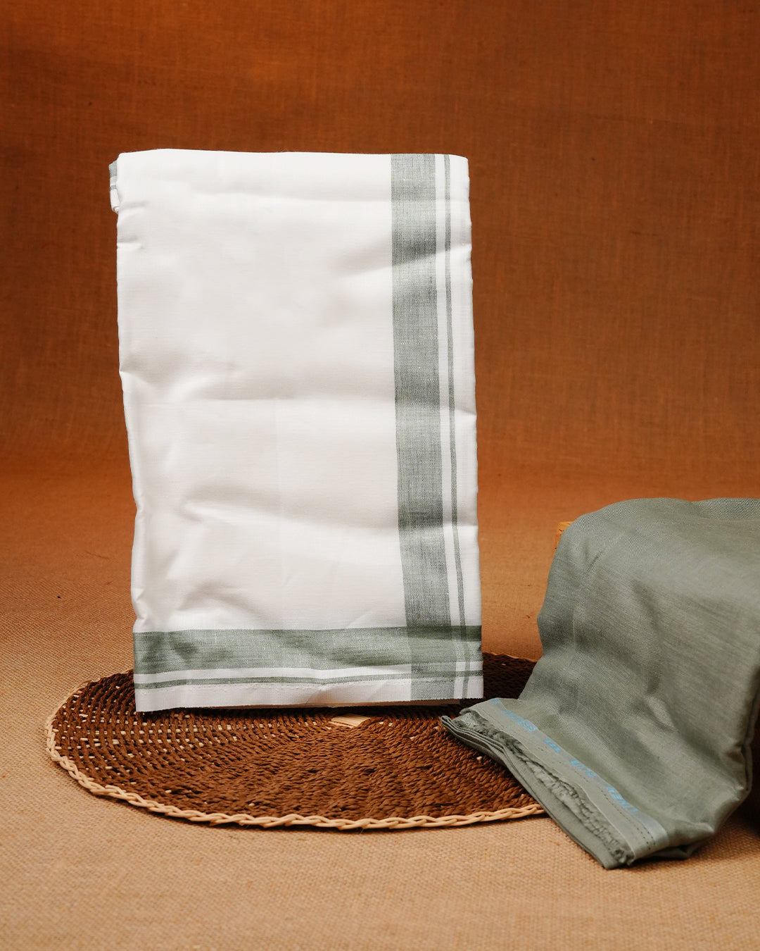 Sage Green colour linen shirt material with matching Single Dhoti Set.
