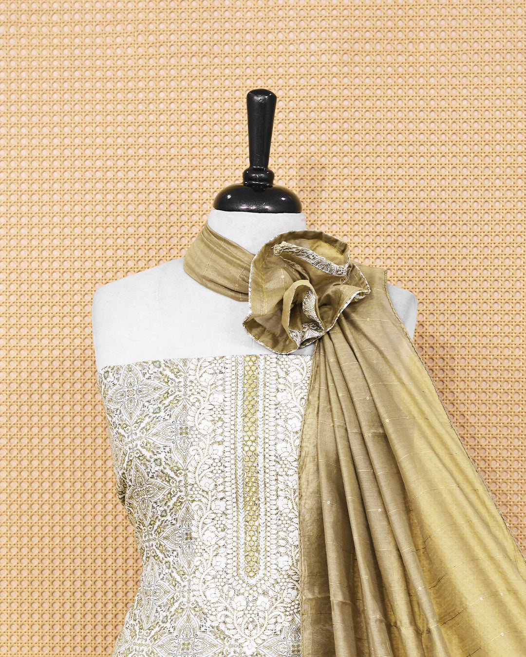 Ivory & Sage Green colour linen Salwar Material featuring intricate ethnic motifs with delicate embroidered detailing on the neckline, paired with a matching solid bottom and a graceful sage green dupatta