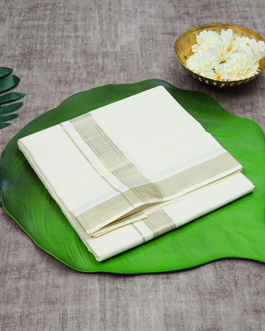 Cream Coloured Cotton Double Dhoti with Light Gold Kara