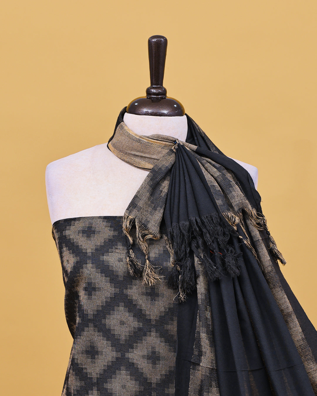 Black colour Net cotton Salwar material with Geometric pattern work on body, matching bottom & Dupatta.