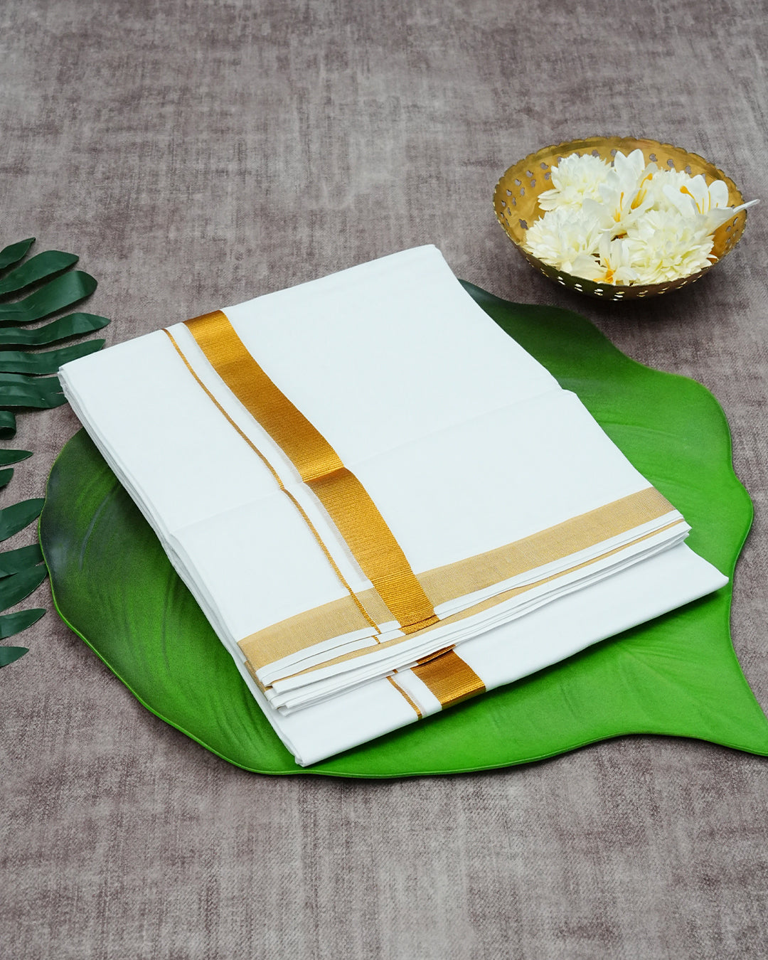 Off White Colour Cotton Double Dhoti Finished With Gold kara.