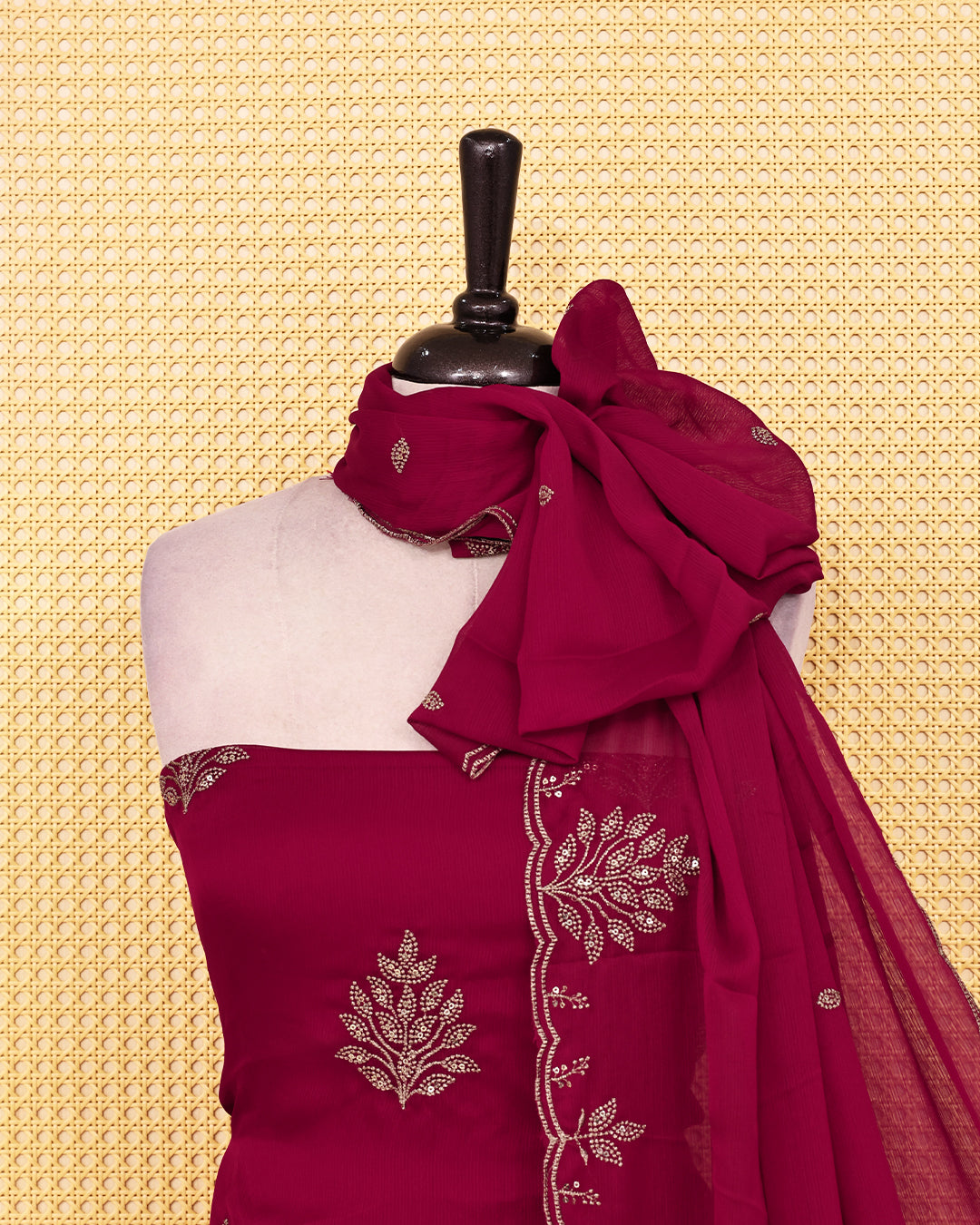 Deep Red colour salwar material featuring Thread with Sequin work on body, paired with matching bottom & dupatta.