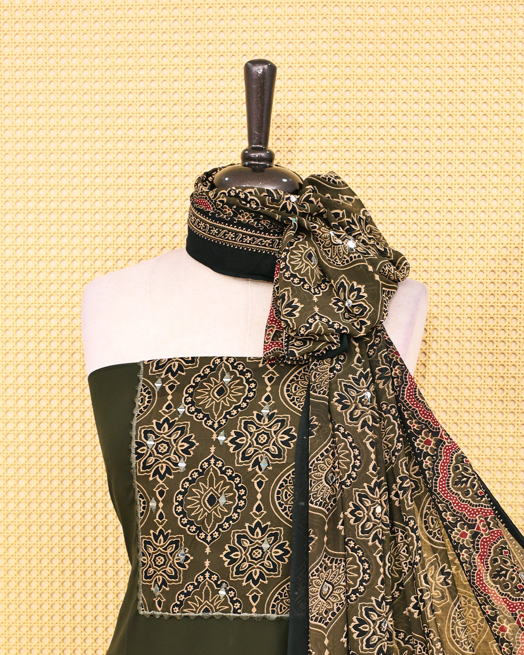 Olive Green colour Georgette Salwar material featuring Mirror with Design print work on body, paired with matching bottom & Dupatta.