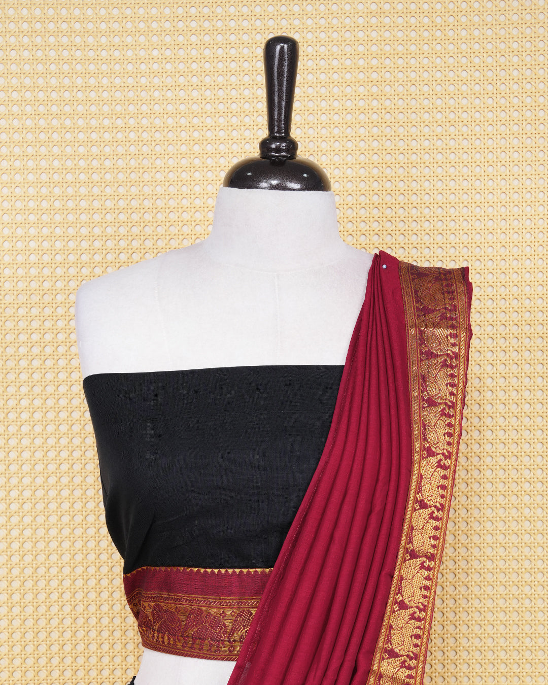 Black colour Chettinad Semi Stitched dhavani set Featuring maroon with light Gold zari work on skirt, matching Blouse & Contrast dupatta.