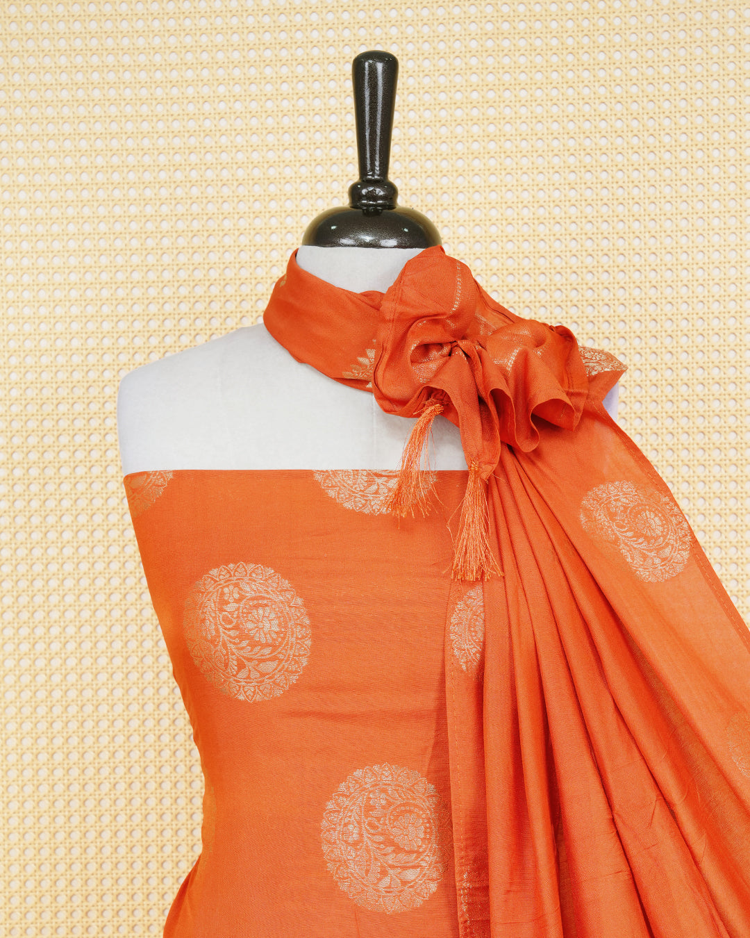 Rust orange colour Banaras salwar material Featuring Gold & silver Zari Floral motifs on body, paired with matching bottom & Elegant Dupatta