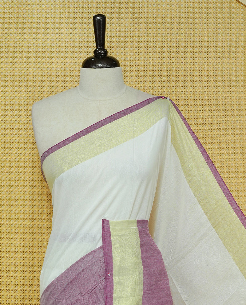 Purple & Light Green Colour Half & Half Mul cotton saree Complemented by contrast Green colour Border & tassels.