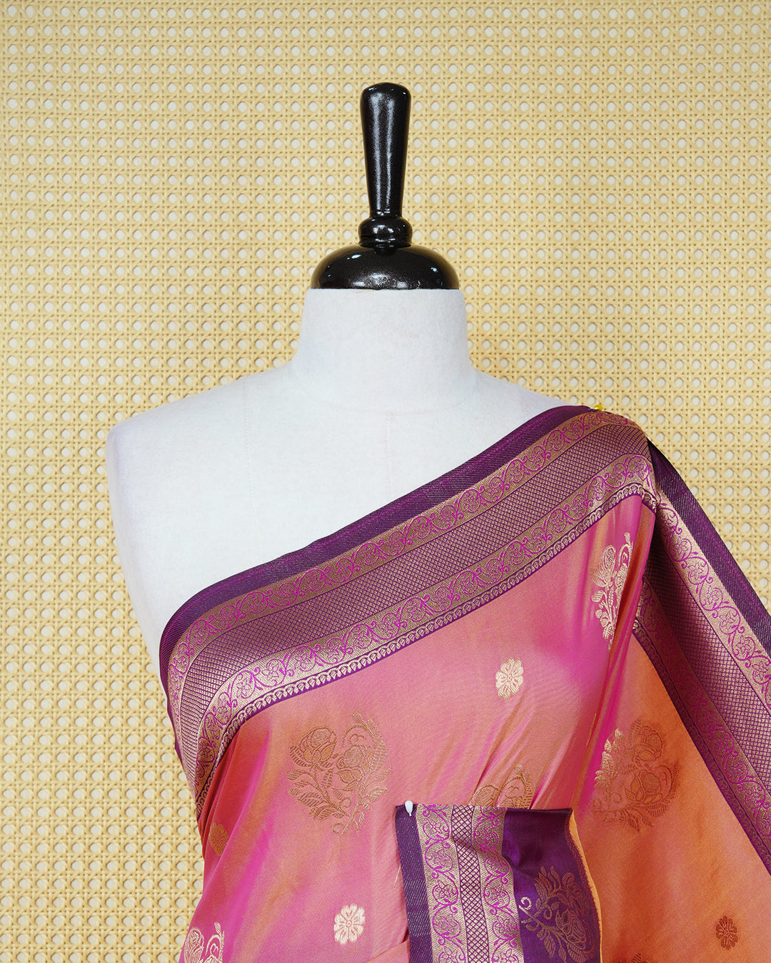 Peach & gold double shade Mulberry silk saree featuring gold floral zari patterns on body , paired with contrast purple colour with traditional border, comes with matching blouse piece.