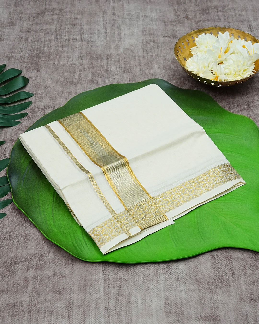 Cream Coloured Cotton Double Dhoti Finished with Silver Designed Gold Kara