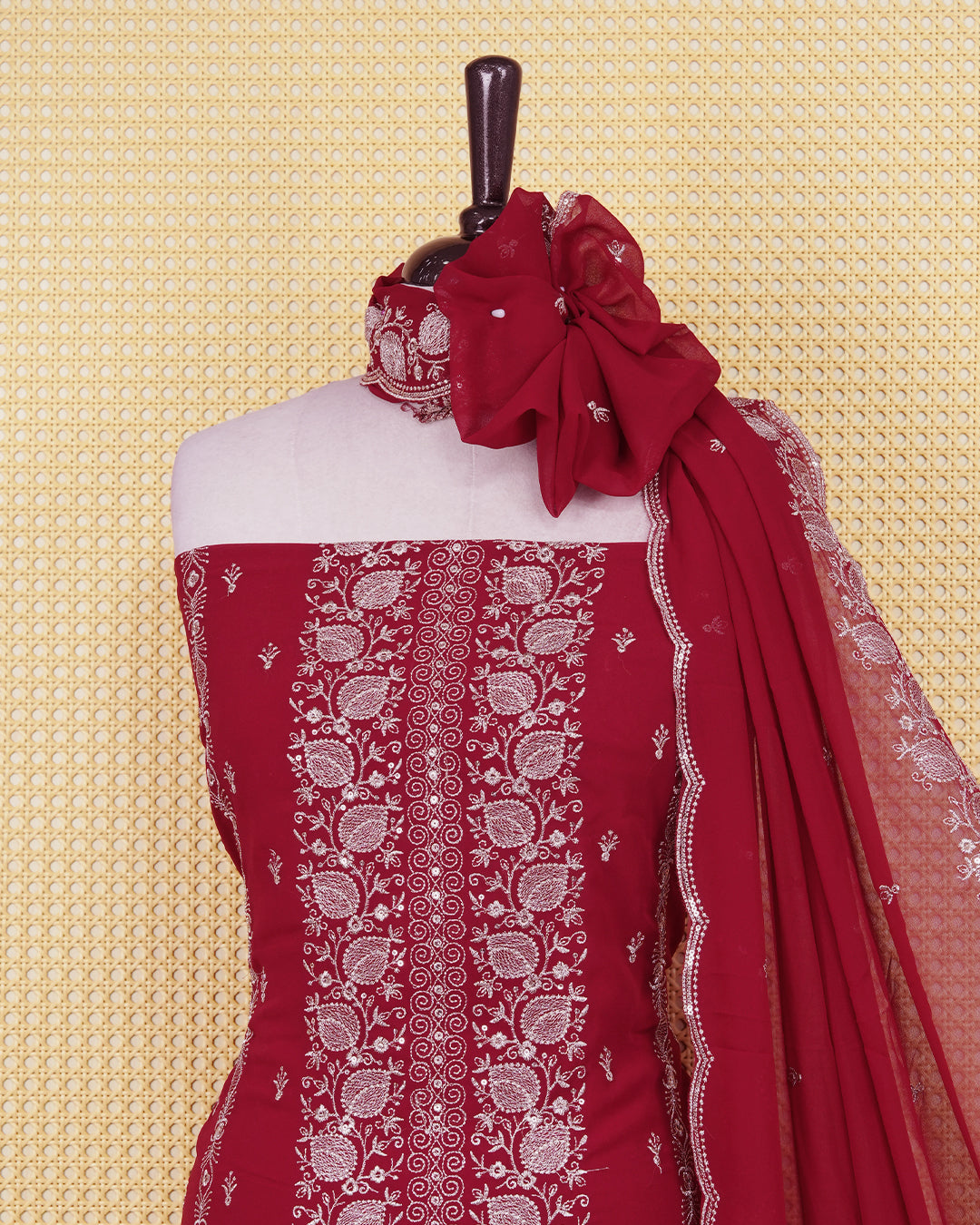 Maroon colour Georgette Salwar Material Featuring Gold Thread Work on body, paired with matching Bottom & Elegant Dupatta.