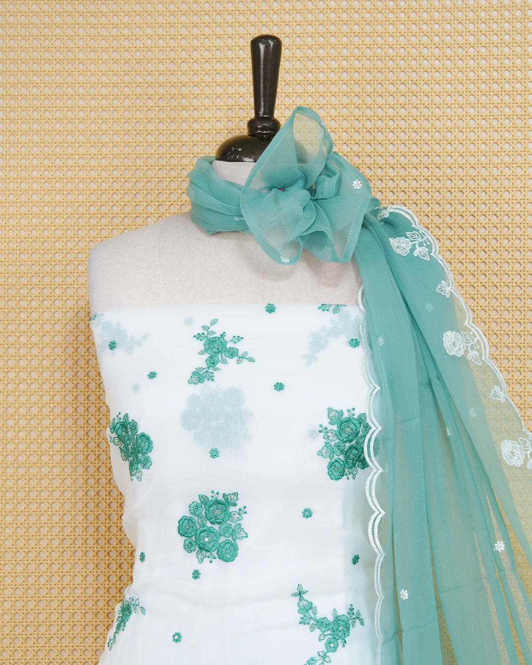 White Colour Organza Salwar Material Featuring Green Thread Work with sequins on body, Paired With Matching Bottom & Elegant Dupatta