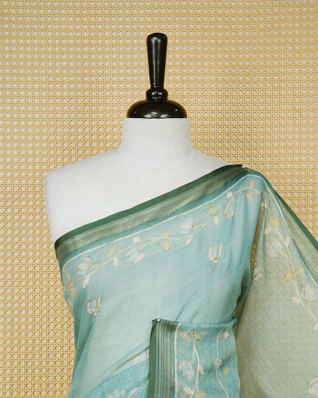 Pastel teal colour linen tissue BKU inspired saree.