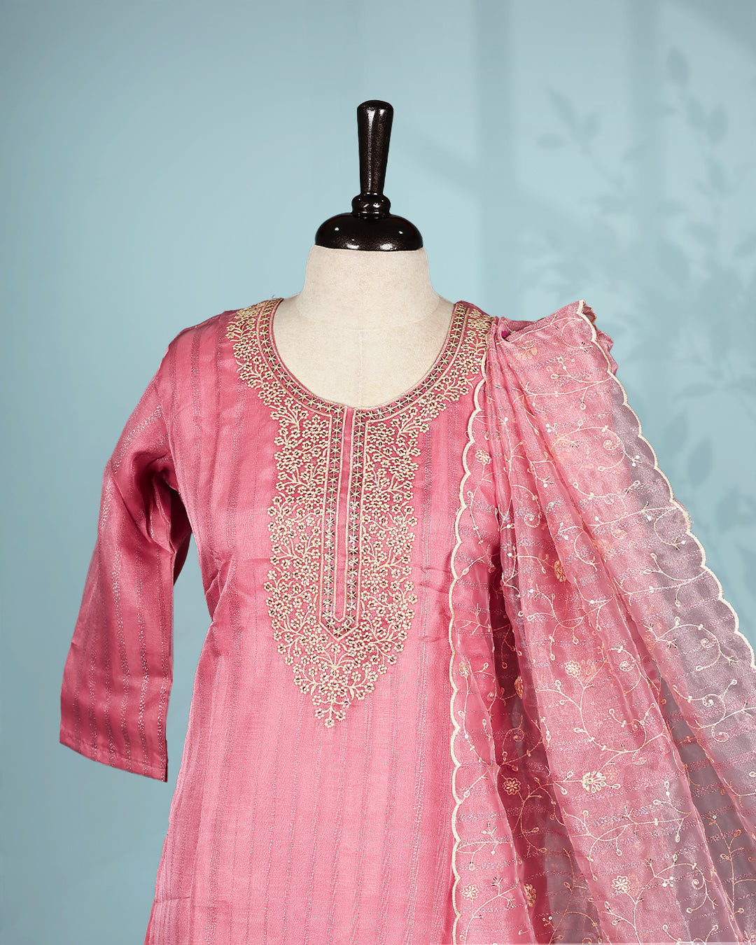 Pink colour salwar set with Sequins & thread work on top, paired with matching bottom & Dupatta.