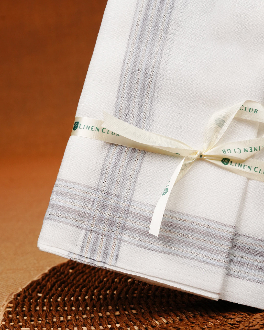White colour Pure Linen Double dhoti With Light gold & Grey zari border.