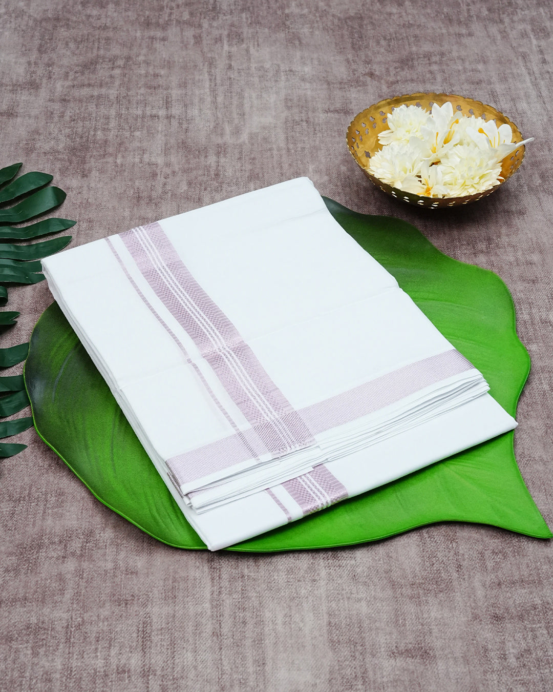 Off White Colour Cotton Double Dhoti Finished With A Classic Rose kara.
