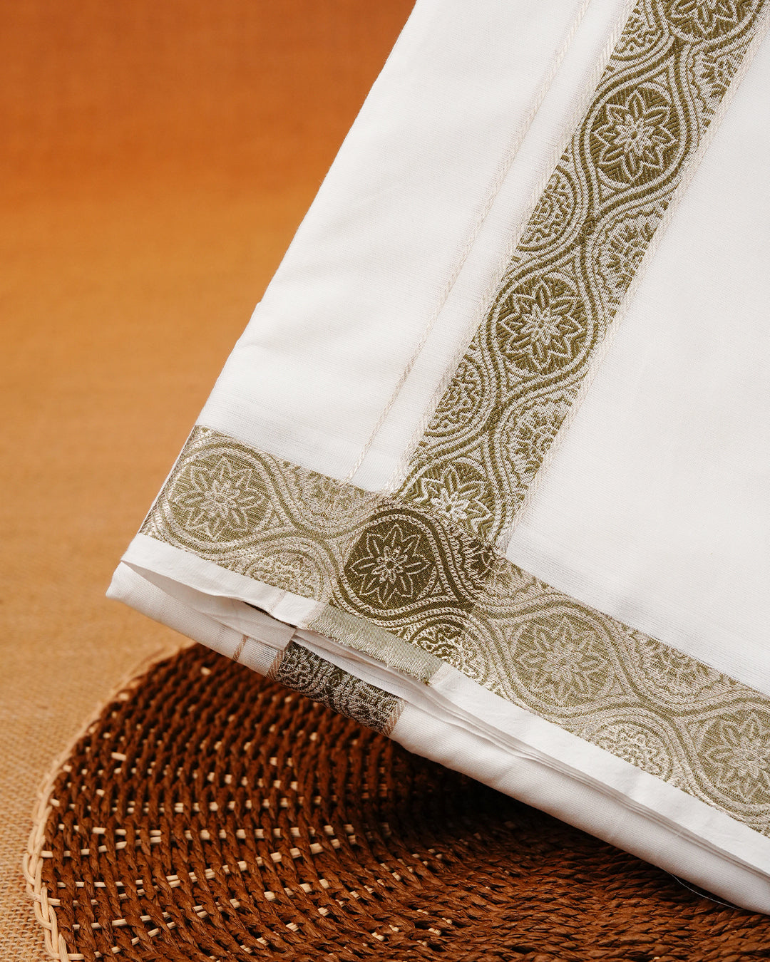 White colour Pure Cotton Double dhoti featuring Grey with Olive colour border.