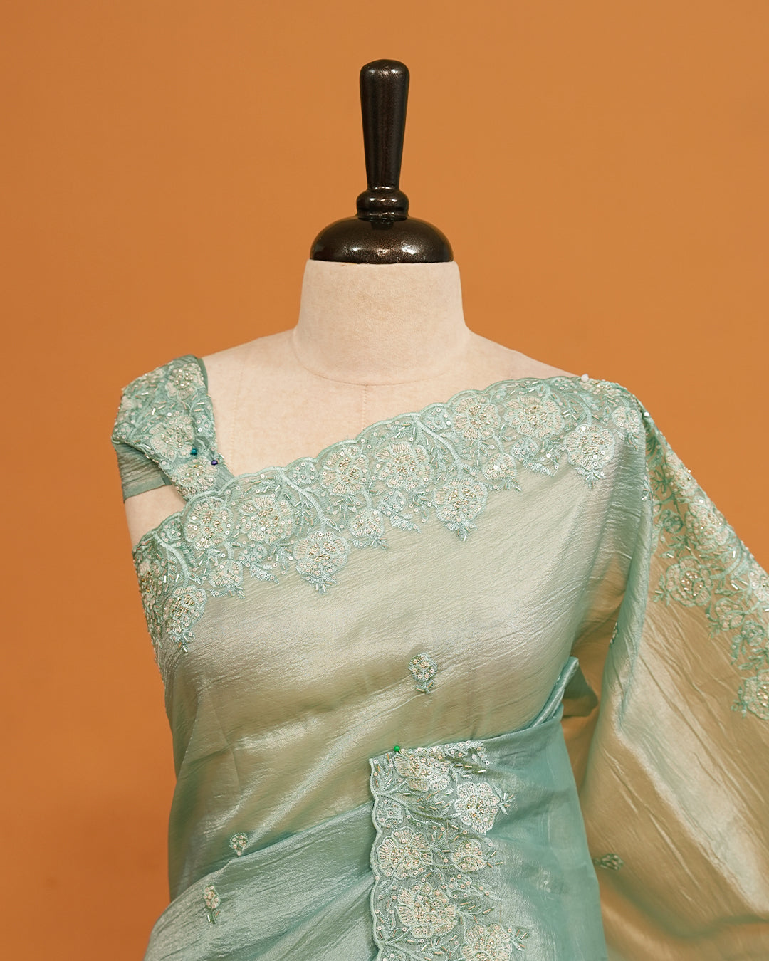 Mint Blue colour Crush organza saree with Cut Beats & Sequins.