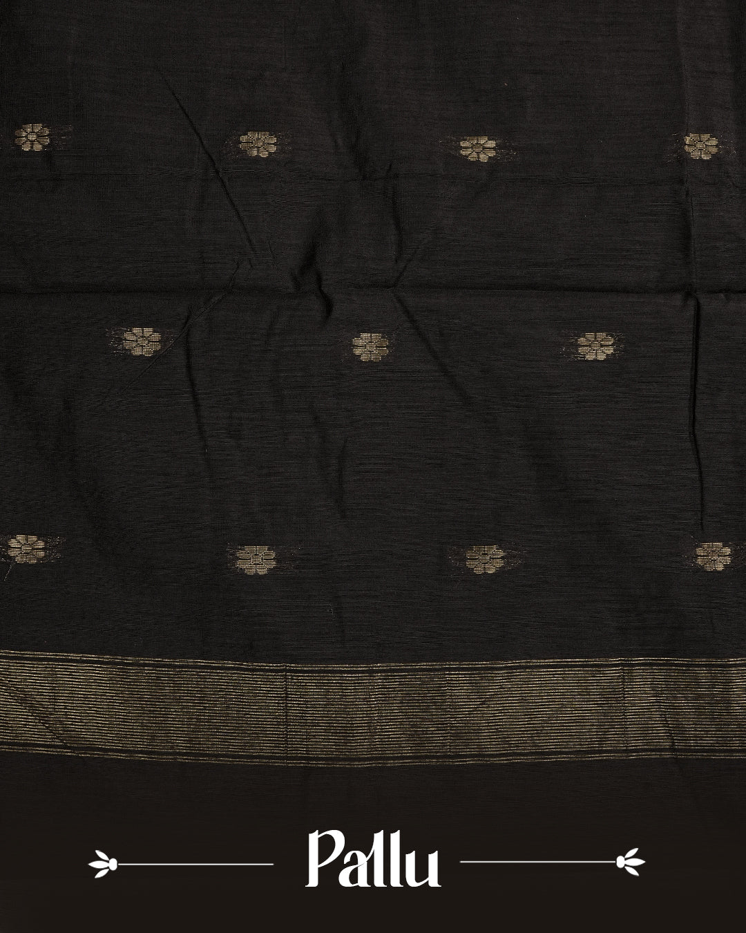 Light Green colour kalyani cotton saree featuring gold zari Floral pattern on body, complemented by Black colour with Stripes & Floral Gold zari border, paired with matching blouse piece