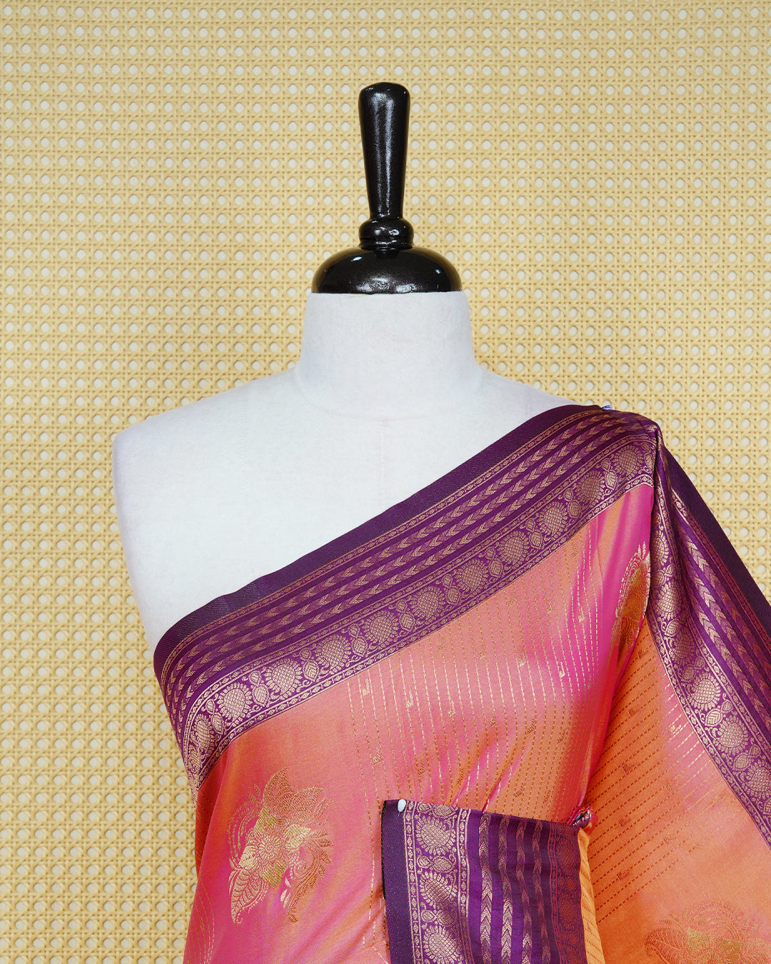 Golden Mustard Mulberry silk saree featuring gold floral zari patterns on body , paired with contrast purple colour with traditional border, comes with matching blouse piece.