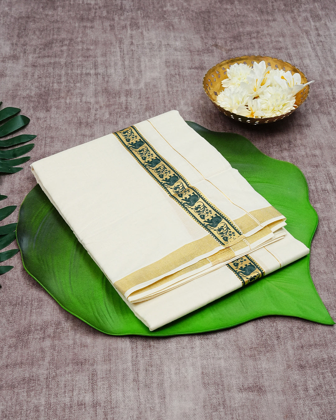 Cream Coloured Cotton Double Dhoti Finished with Elephant & Floral Kodi Printed Gold Kara