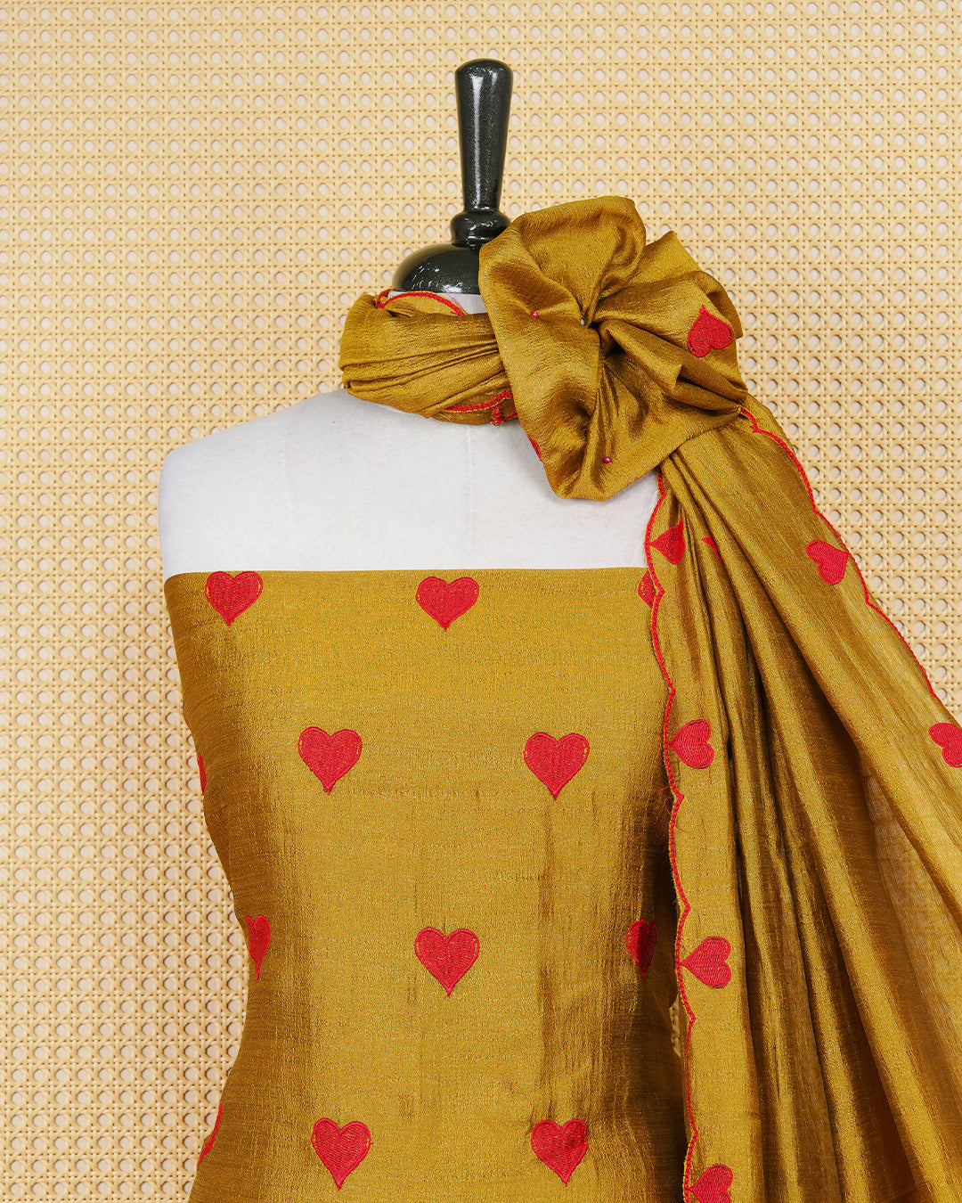 Golden Olive Colour Georgette Salwar Material Featuring Red Heart Shape Thread Work on body, Paired With Matching Bottom & Elegant Dupatta