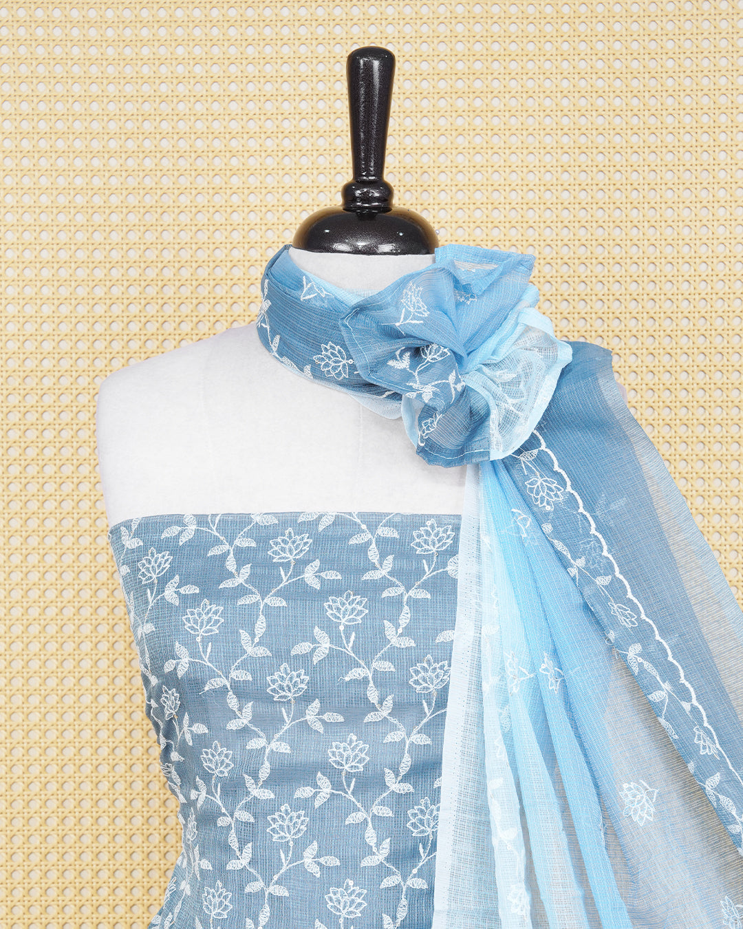 Dusty Denim Colour Net Kota Salwar Material Featuring Printed Designs with Floral Thread Work, Paired with a Matching Bottom and an Elegant Dupatta.