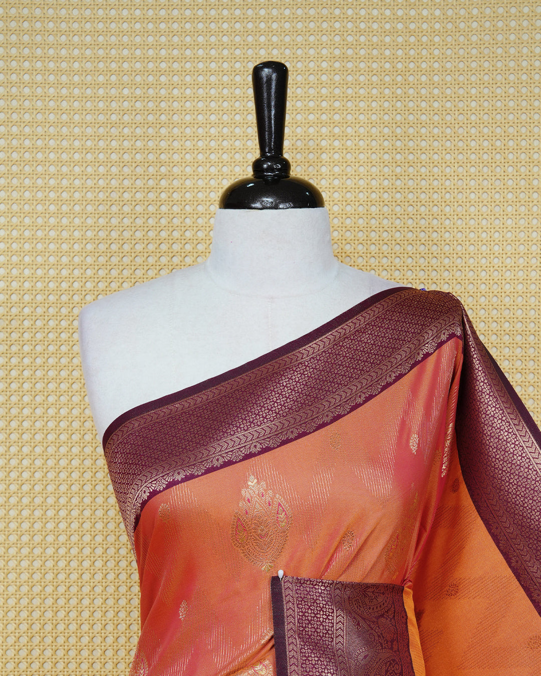 Rust orange & gold double shade Mulberry silk saree featuring gold floral zari patterns on body , paired with contrast magenta colour with traditional border, comes with matching blouse piece.