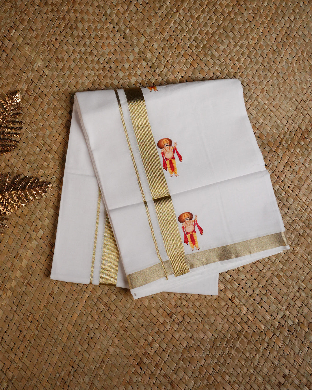 White colour cotton Double dhoti featuring Light Gold with Maveli print border.