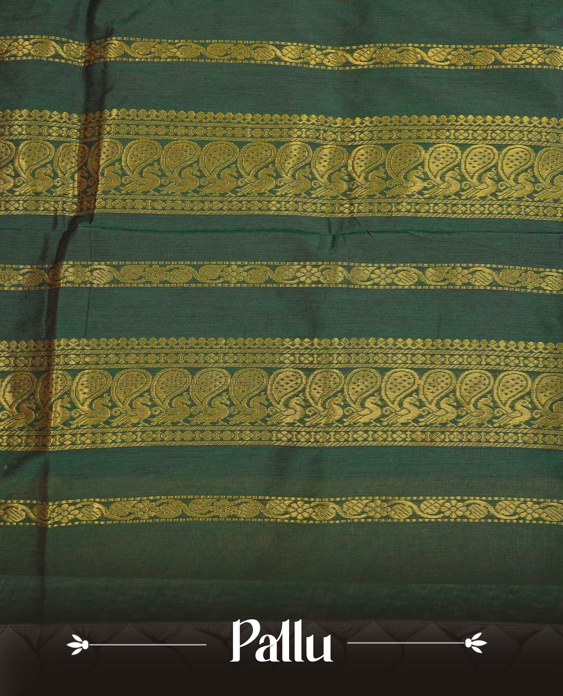 Turmeric Yellow colour kalyani cotton saree featuring gold zari Small checks & Zari Motifs pattern on body, complemented by Dark Green colour with Antique zari border, paired with matching blouse piece