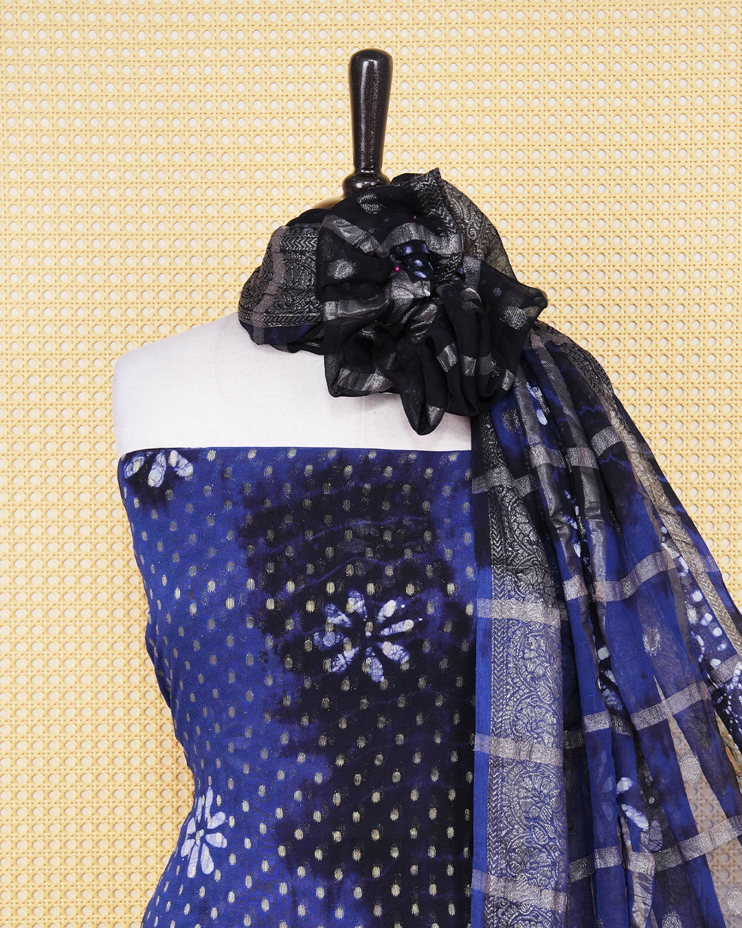 Navy Blue Georgette Salwar material Features a Vibrent Tie Dye Pattern Aborned With Shimmering Metallic Gold foil Dots,pired with matching bottom & elegant Duptta