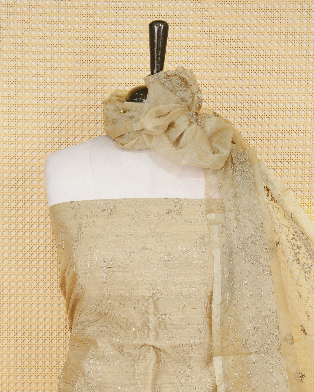 Beige colour silk cotton Salwar material featuring Thread design Body without border, paired with matching bottom and beautiful dupatta.