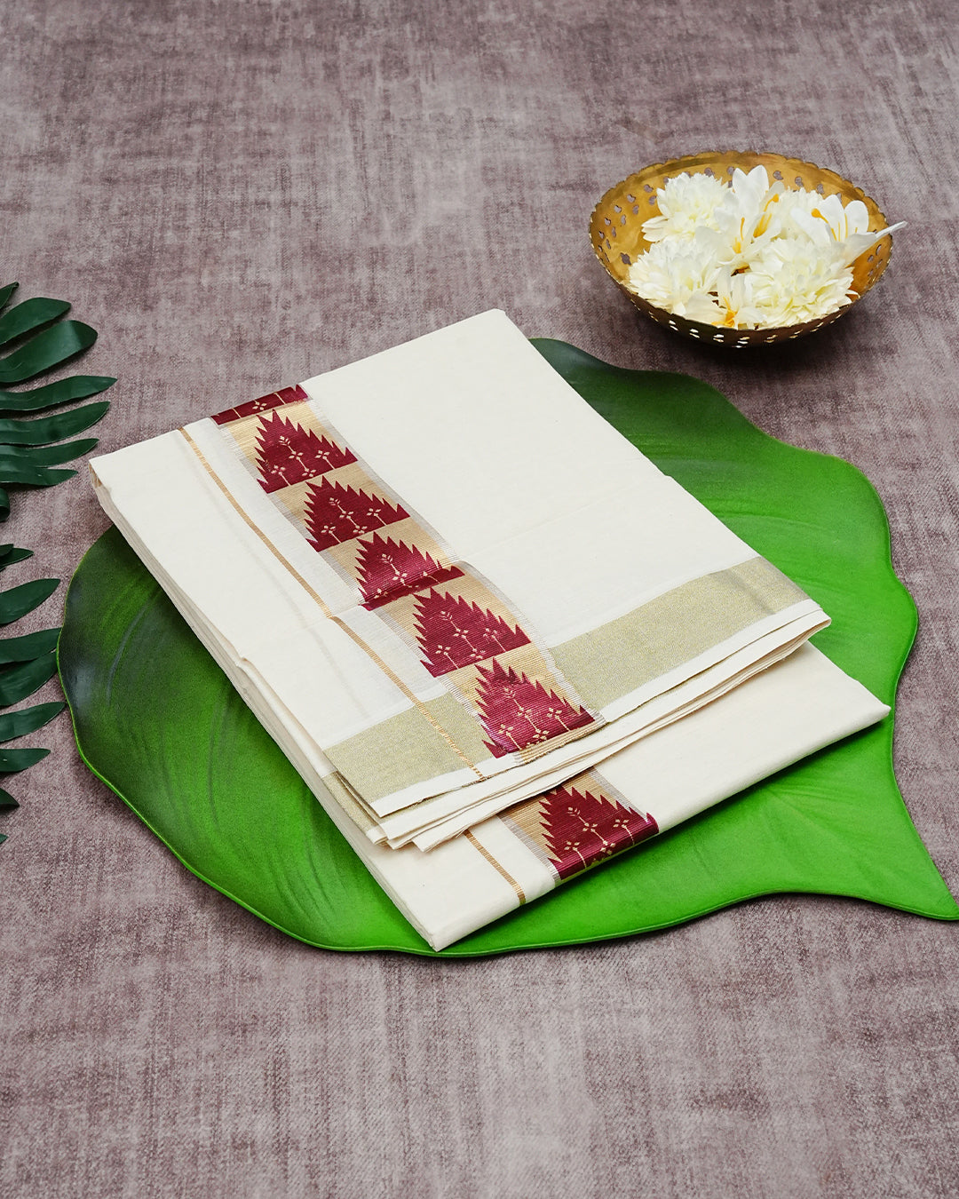 Cream Coloured Cotton Double Dhoti Finished with Maroon Temple & Floral Printed Gold Kara