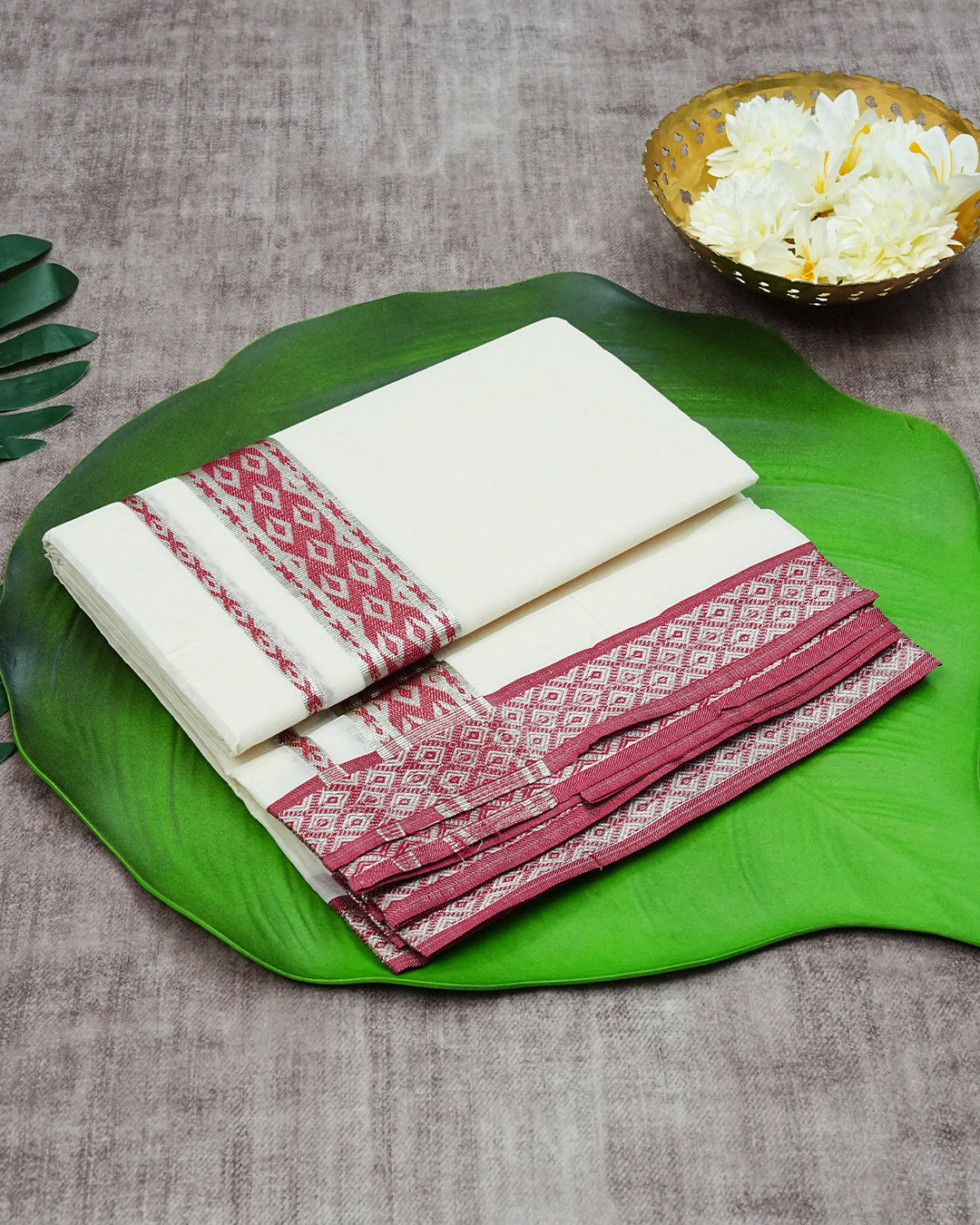 Cream Coloured Cotton Double Dhoti Finished with Red Colour Designed Silver Kara