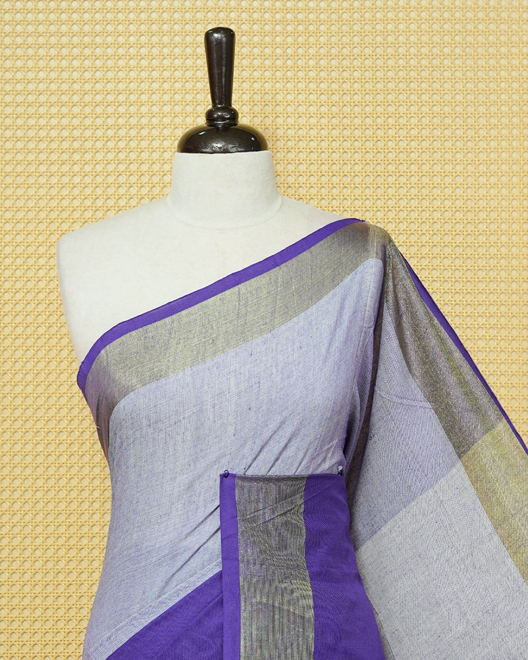 Violet & Light Violet Colour Half & Half Mul cotton saree Complemented by contrast colour Zari Border & tassels.