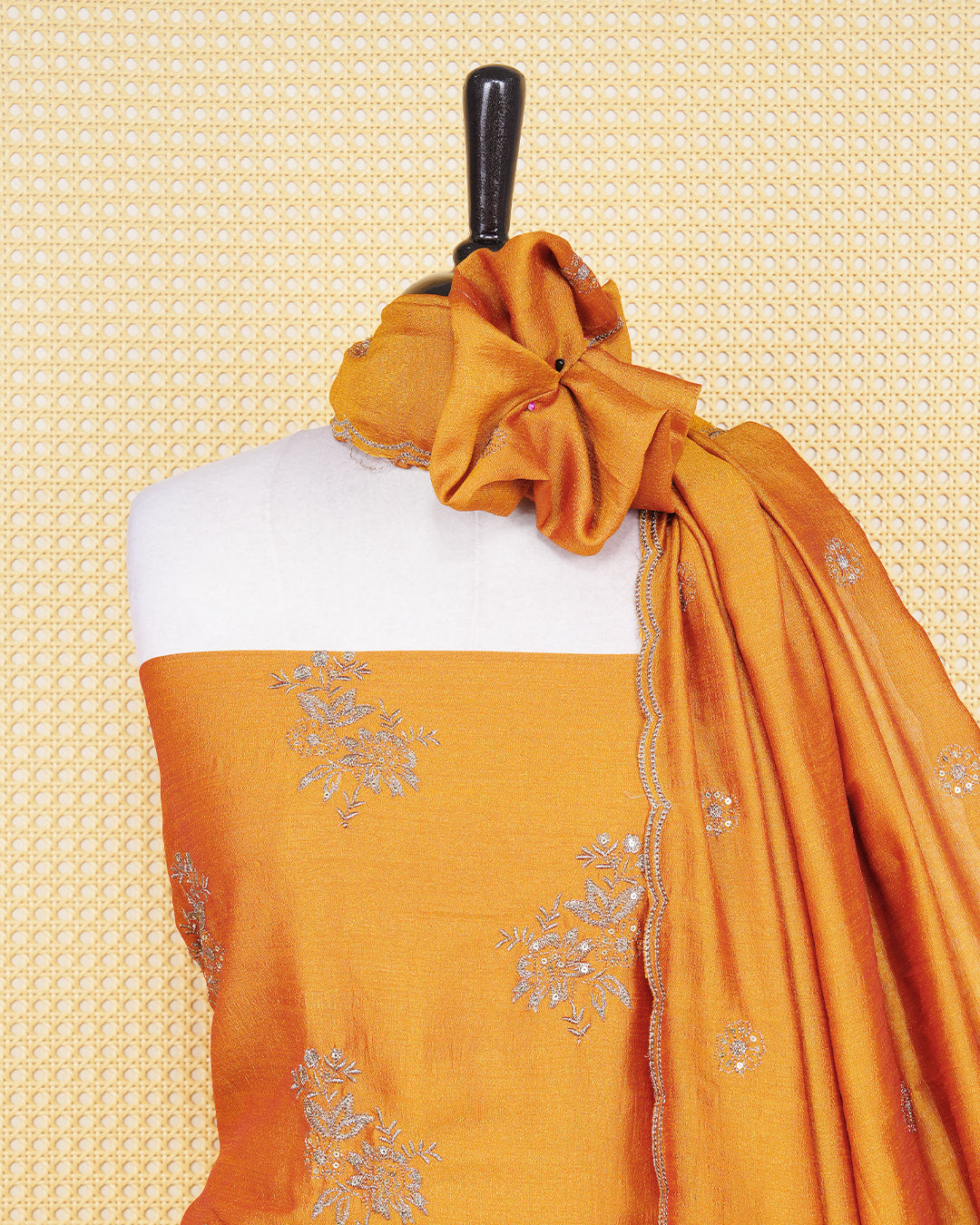 Mustard Colour Georgette Salwar material Featuring Intricate Gold Thread Work Patterns, paired with a matching bottom & elegant Duptta