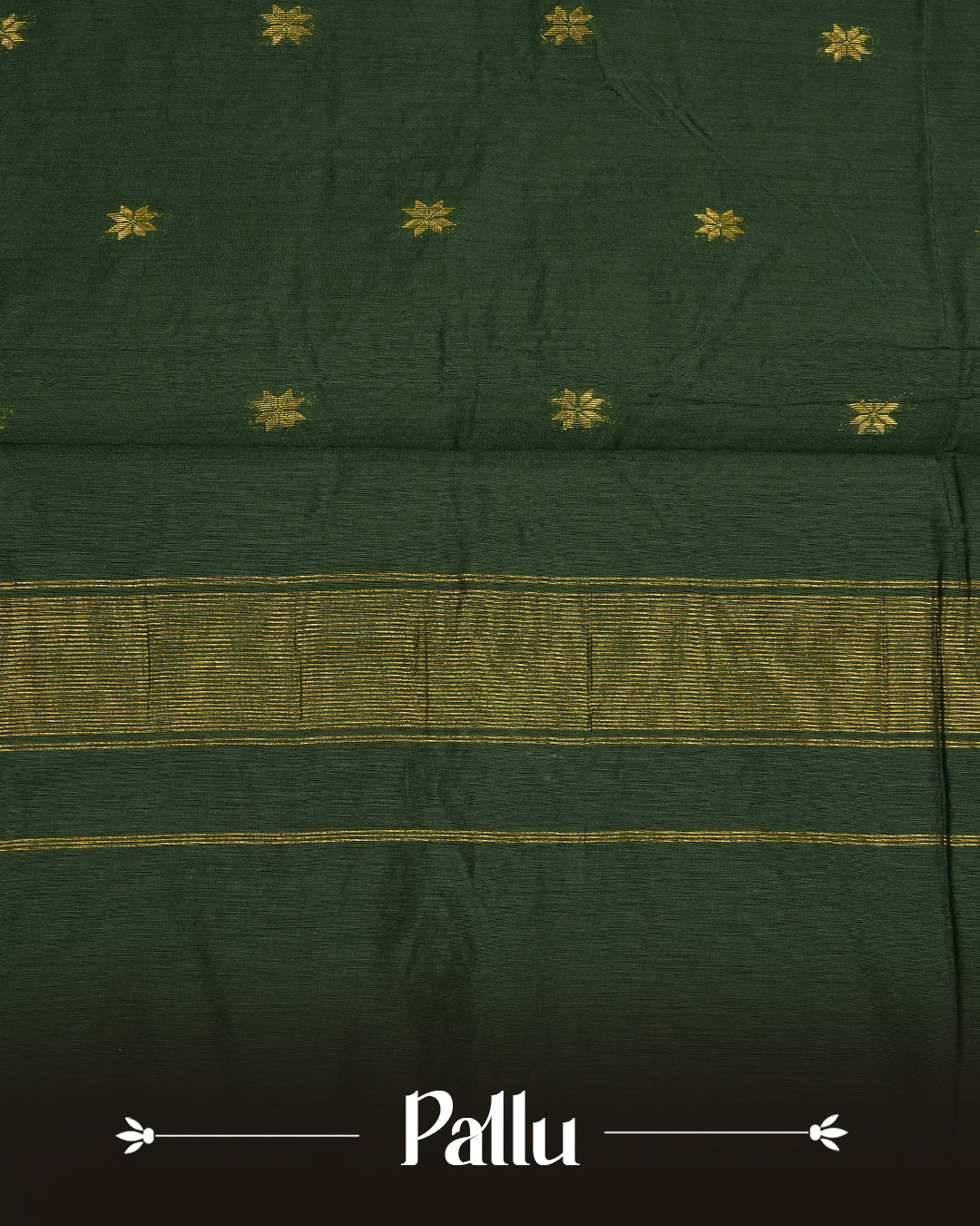 Dark Mustard colour kalyani cotton saree featuring gold zari Floral pattern on body, complemented by Green colour with Stripes & Floral Gold zari border, paired with matching blouse piece