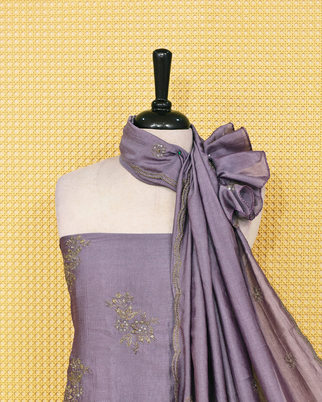 Lavender colour Vijitra silk Salwar Material featuring elegant floral embroidery on the kurta, paired with a matching bottom and a self coloured embroidered dupatta.
