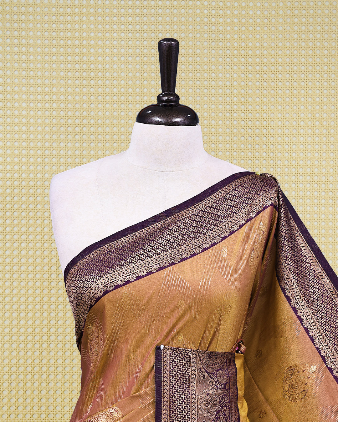 Brownze & gold double shade Mulberry silk saree featuring floral gold zari patterns on body, paired with contrast purple colour with traditional border, comes with matching blouse piece.