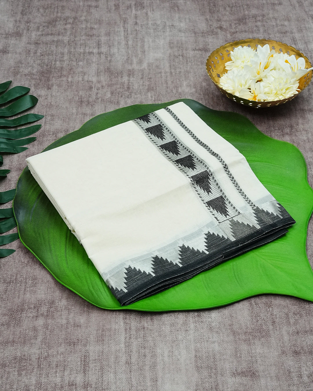 Cream Coloured Cotton Double Dhoti Finished with Black Temple Printed Silver Kara