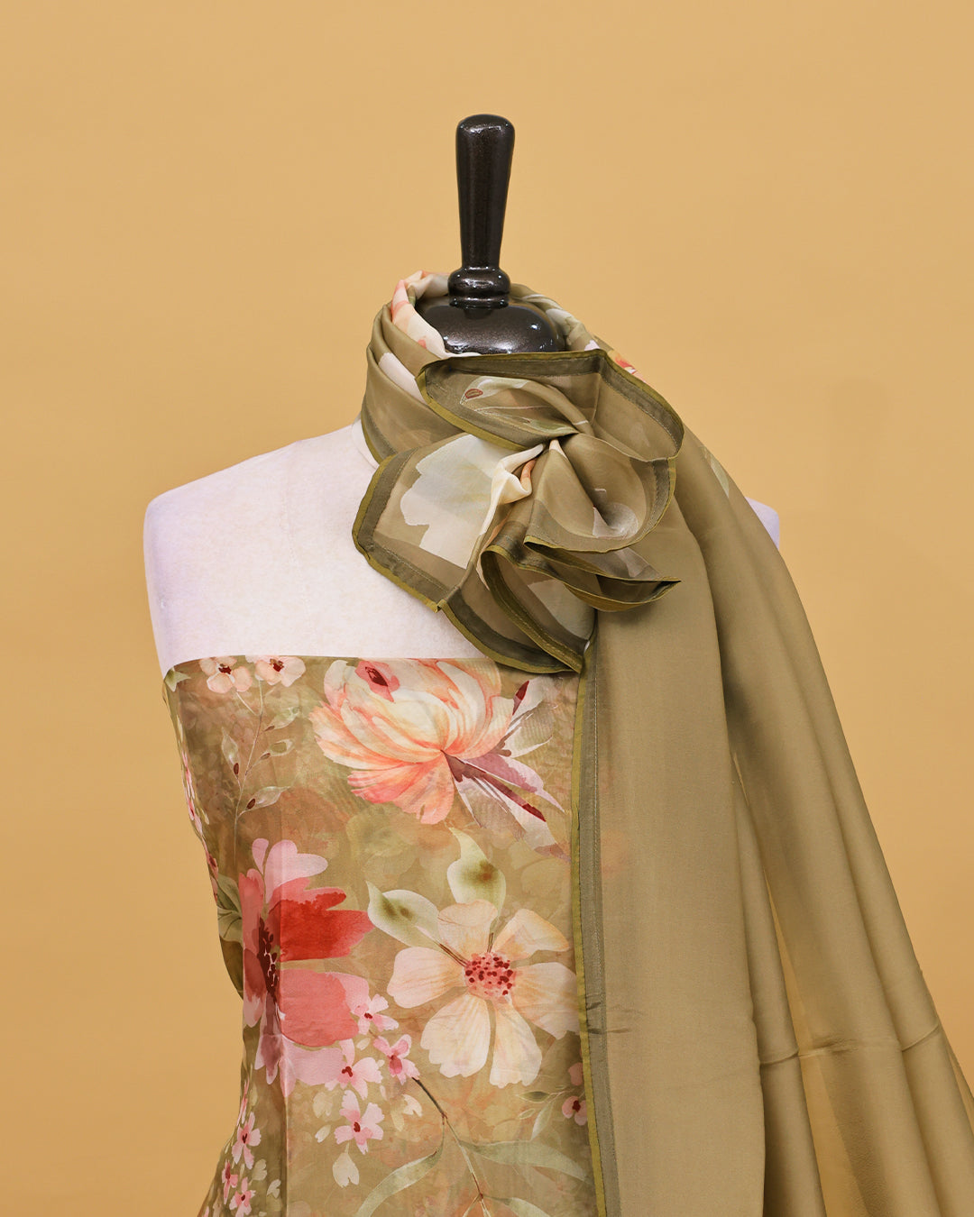 Olive colour Organza Salwar material with Floral print work on body, matching bottom & Dupatta.