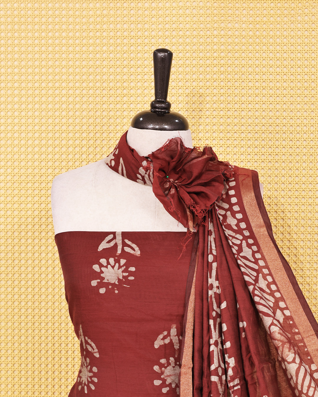 Maroon colour Chanderi Salwar Material with Printed body ,a matching printed bottom and a lightweight printed dupatta featuring a contrast border.