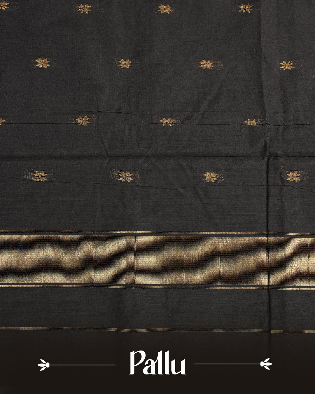 Dark Brown colour kalyani cotton saree featuring gold zari Floral pattern on body, complemented by Black colour with Stripes & Floral Gold zari border, paired with matching blouse piece