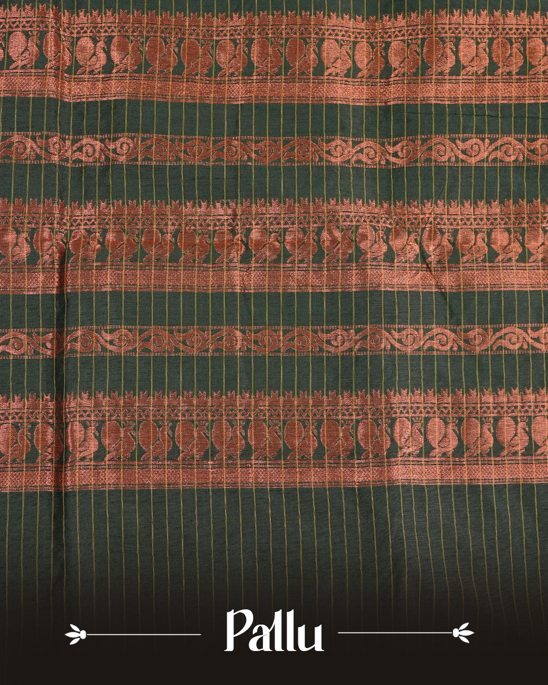 Orange colour kalyani cotton saree featuring Copper zari check pattern on body, complemented by Green colour with Antique zari border, paired with matching blouse piece