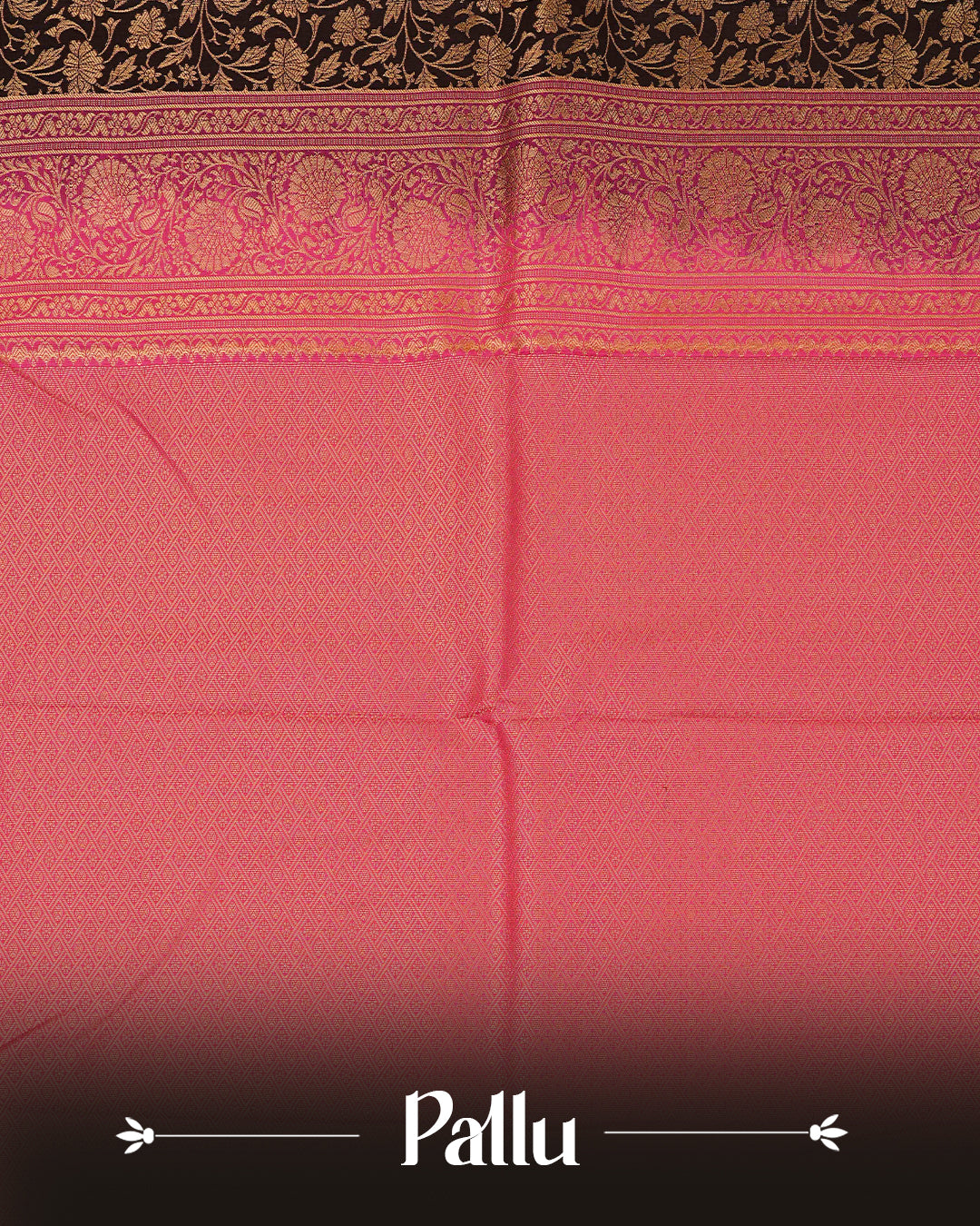Dark Brown colour semi wedding saree featuring gold zari Floral kodi Pattern on body, contrast Rani Pink colour with traditional border, paired with matching blouse piece.